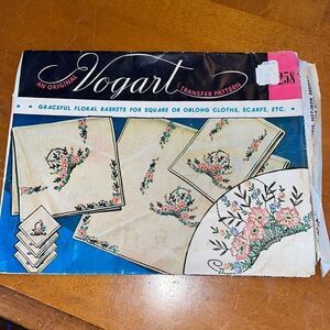Vtg 50s Vogart iron on transfers with floral basket motifs for linens/scarves